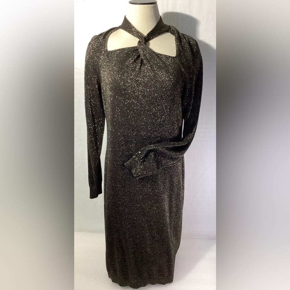Michael Kors Mini Dress Women’s Size L Black w Gold tone Accent Knit Front Knot